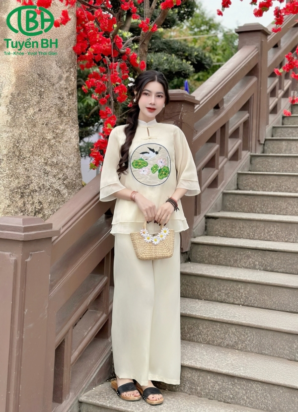 Set thêu hạc cổ tàu Hồng 