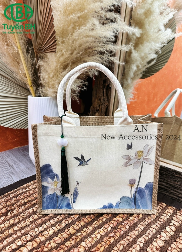Túi cói hoa sen Trắng 