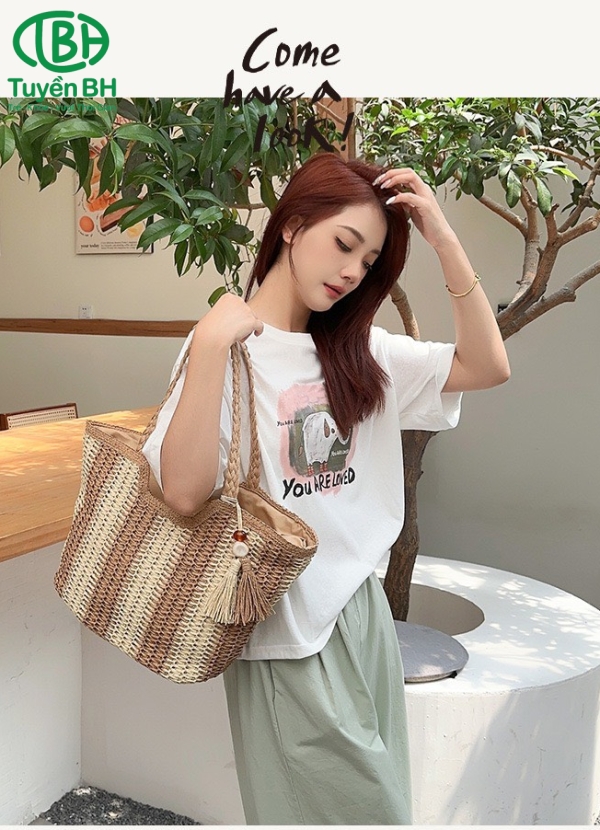Túi cói vuông lớn Xanh