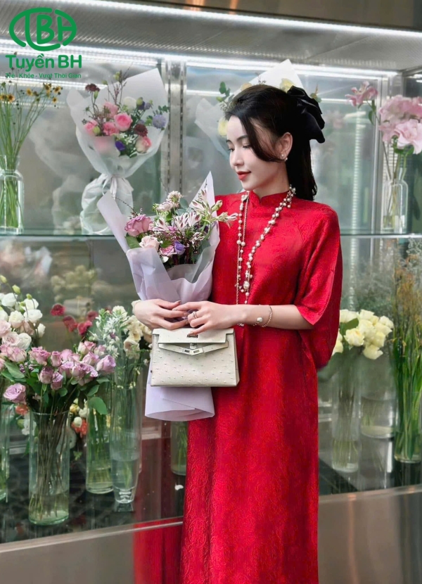 Áo dài tơ tằm họa tiết chữ Thọ Đỏ 