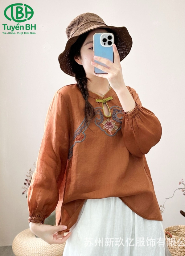 Áo linen Hồng khoéc U