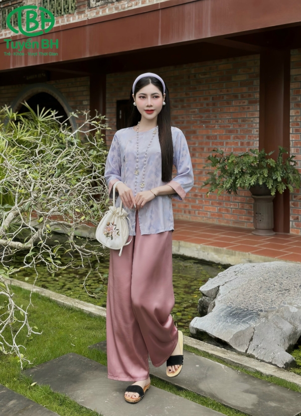 Set tơ tằm vạt hò cúc đá Tím
