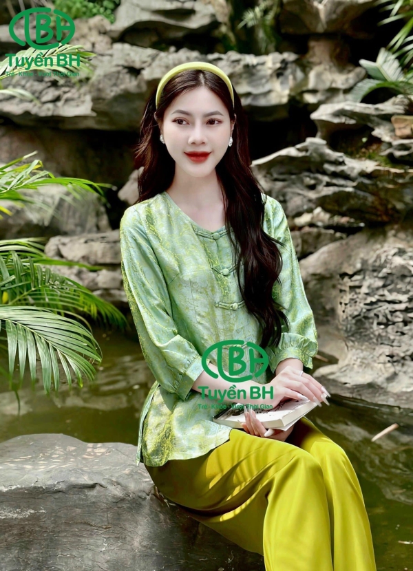 Bộ lam tơ tằm tay bồng màu Xanh Lá
