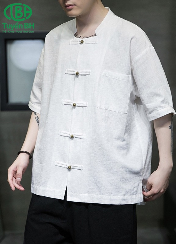 Áo linen Trắng kem cổ đứng cho nam