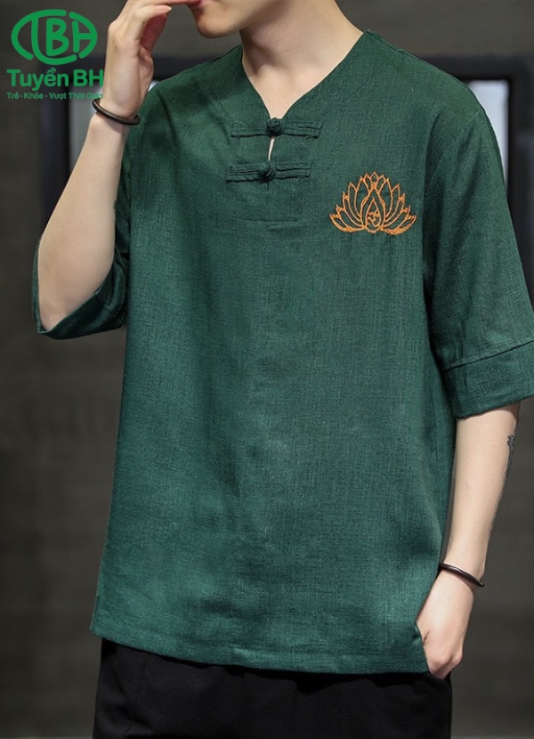Áo linen Trắng kem thêu sen cho nam
