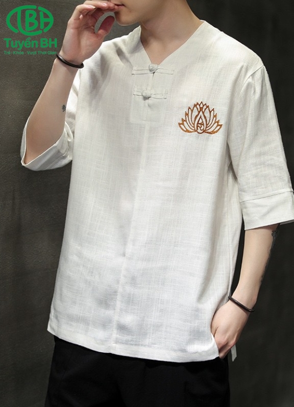 Áo linen Trắng kem thêu sen cho nam