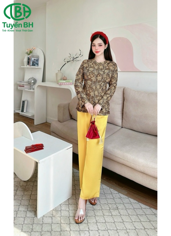 Bộ bà ba TD Vàng họa tiết hoa to