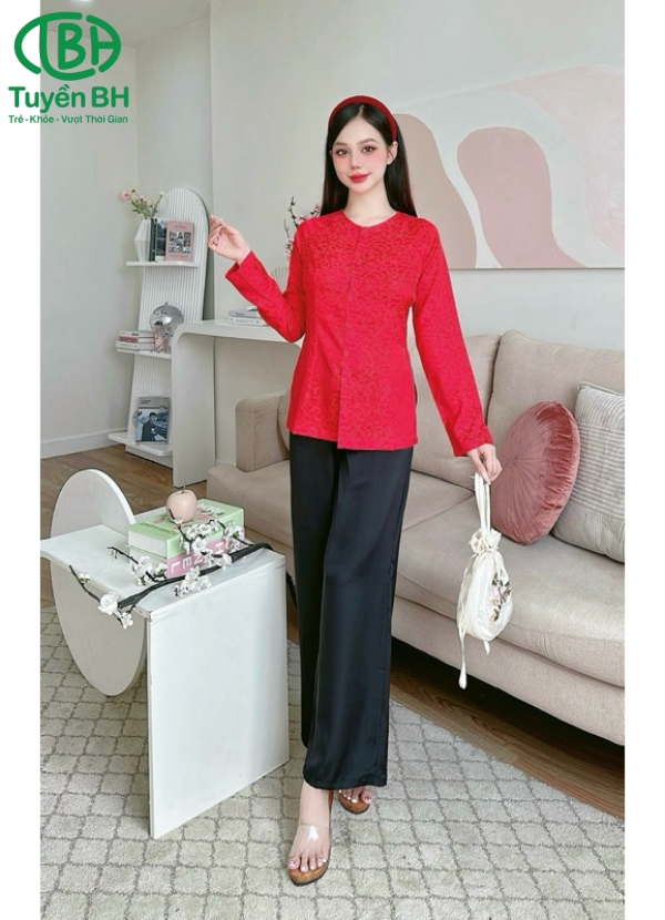 Bộ bà ba TD Xanh dương họa tiết cành đào