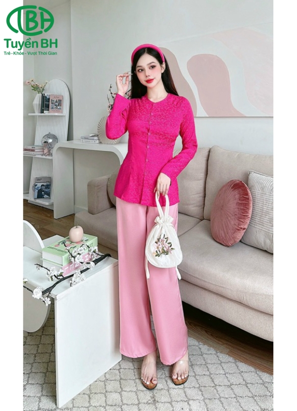 Bộ bà ba TD Xanh dương họa tiết cành đào