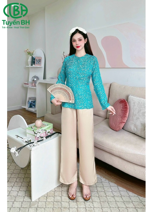 Bộ bà ba TD Xanh dương họa tiết cành đào