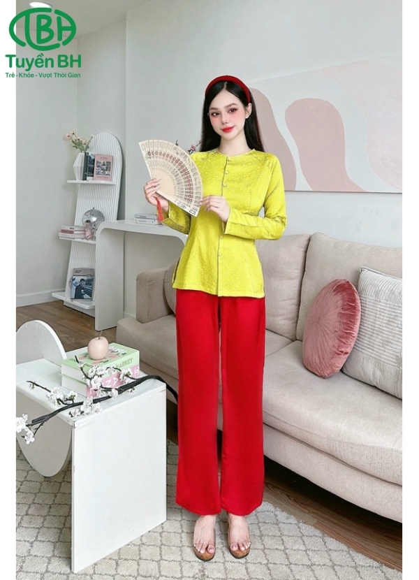 Bộ bà ba TD Xanh dương họa tiết cành đào