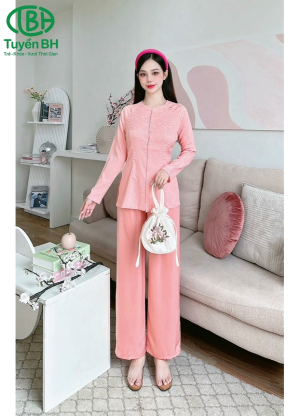 Bộ bà ba TD Xanh dương họa tiết cành đào
