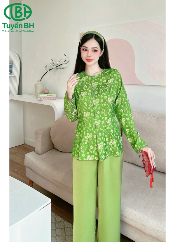 Bộ bà ba TD Hồng sen họa tiết cành mai
