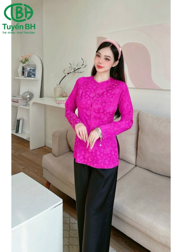 Bộ bà ba TD Hồng sen họa tiết cành mai