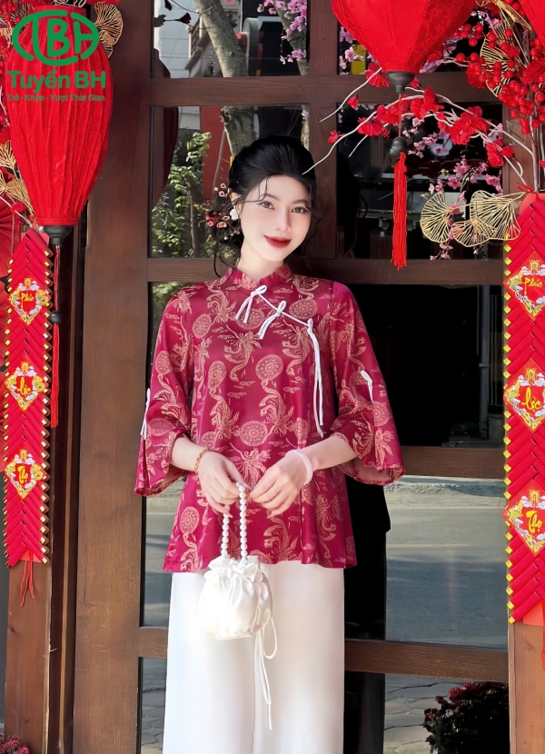 Bộ lam chữ thọ thắt nơ chéo trắng