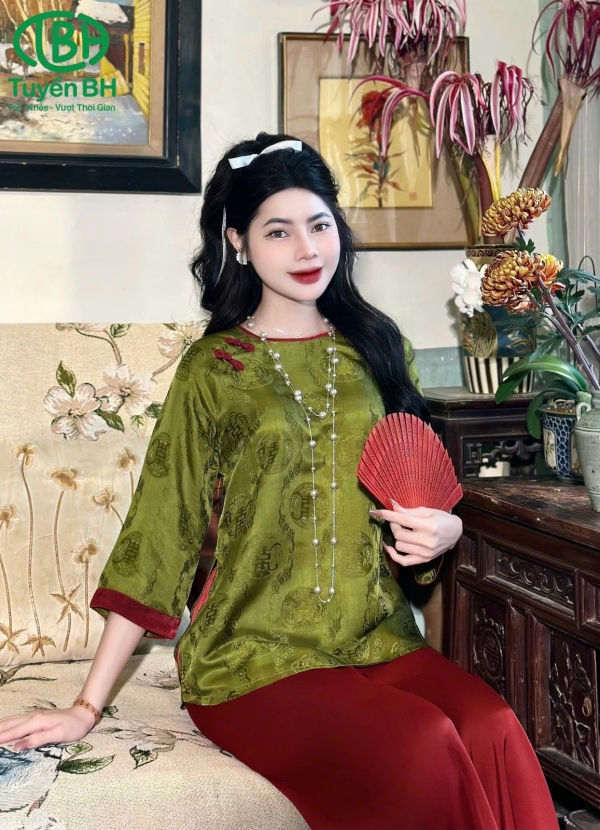 Bộ tơ tằm chữ thọ màu xanh 