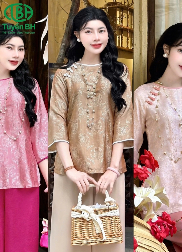 Bộ lam tơ tằm cổ tròn 3 khuy hồng phấn