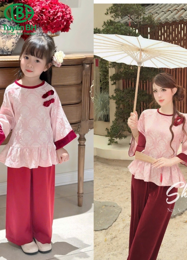 Bộ lụa mẹ và bé có đính nơ của bé màu hồng