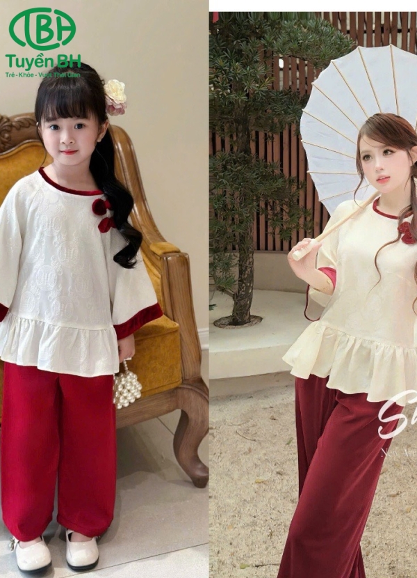 Bộ lụa mẹ và bé có đính nơ của bé màu hồng