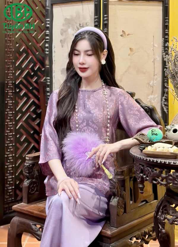 Tơ tằm chữ thọ cổ tết màu tím