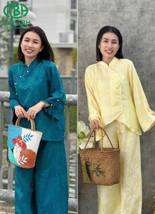 Bộ lụa tằm cao cấp thiết kế may theo số đo màu xanh